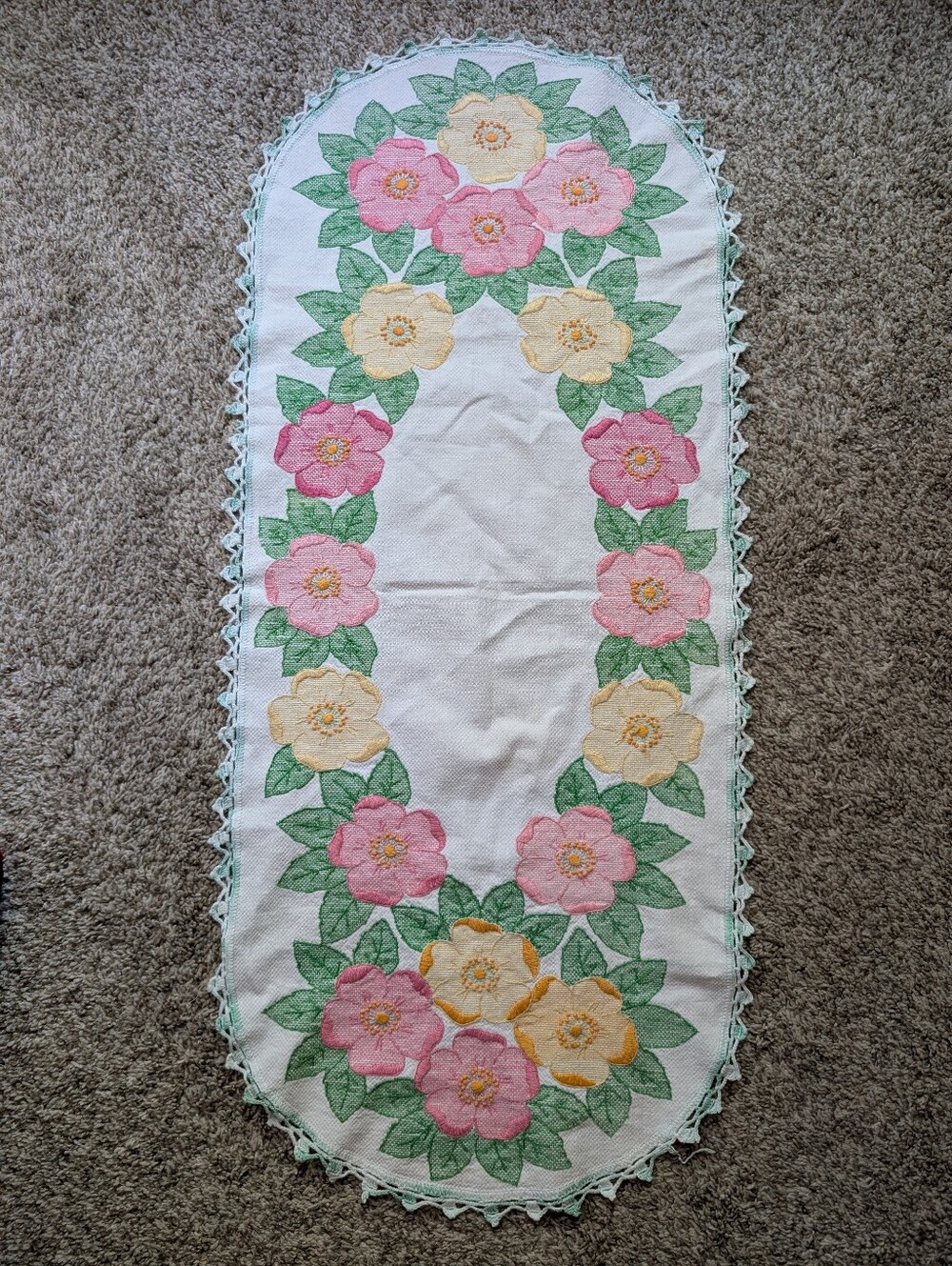 Hand-Embroidered Floral‎ Table Runner - Pink & Yellow Flowers Cottage Core